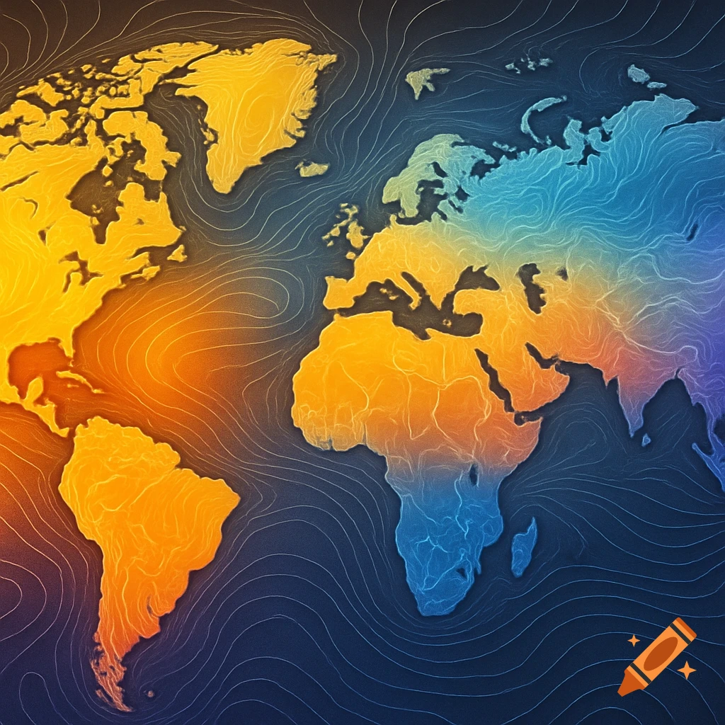 A world map with continents in warm orange and yellow, oceans in cool blue, detailed with swirling contour lines.