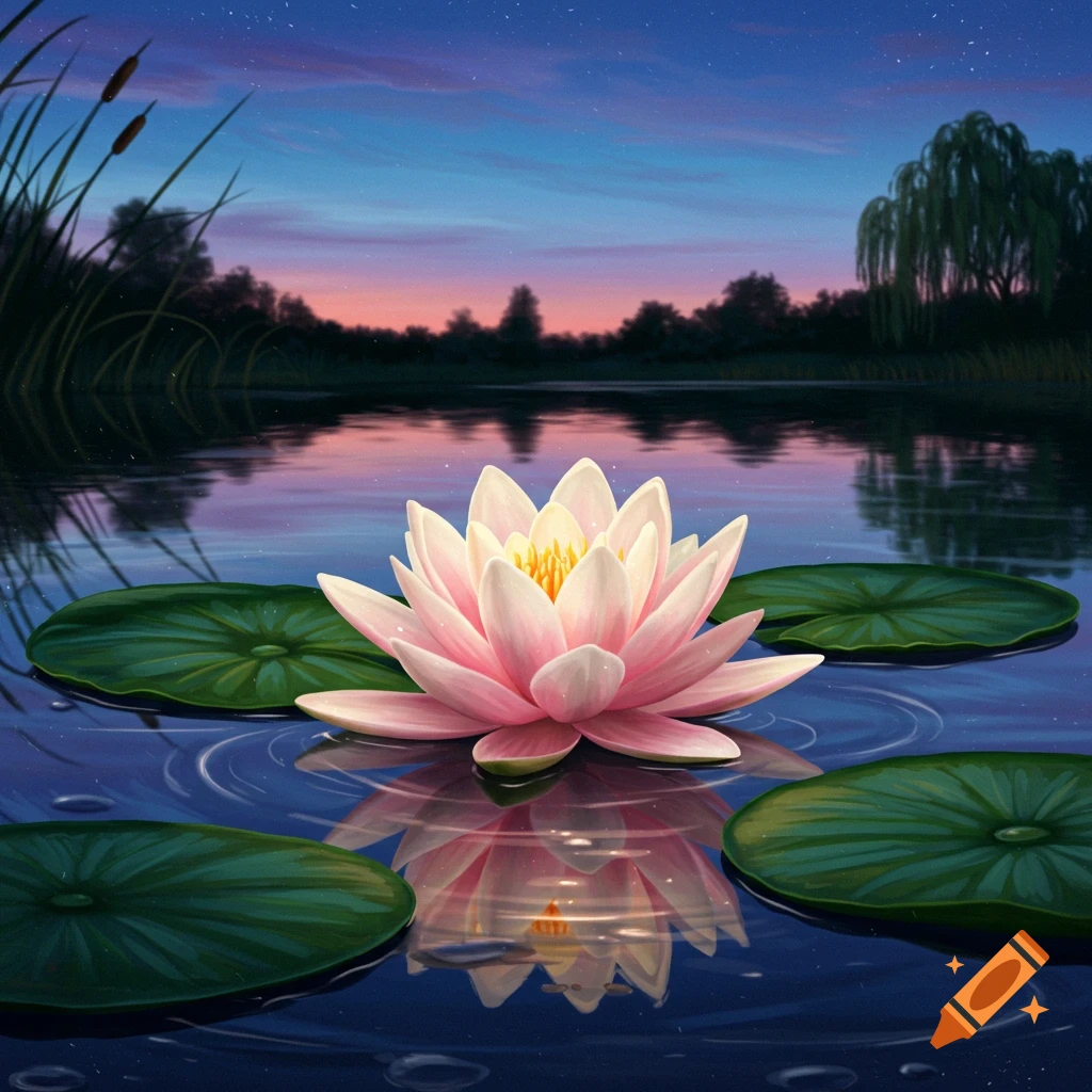 A vibrant pink water lily floats on a calm pond at dusk, surrounded by lily pads and reeds, with a colorful sky reflecting on the water.