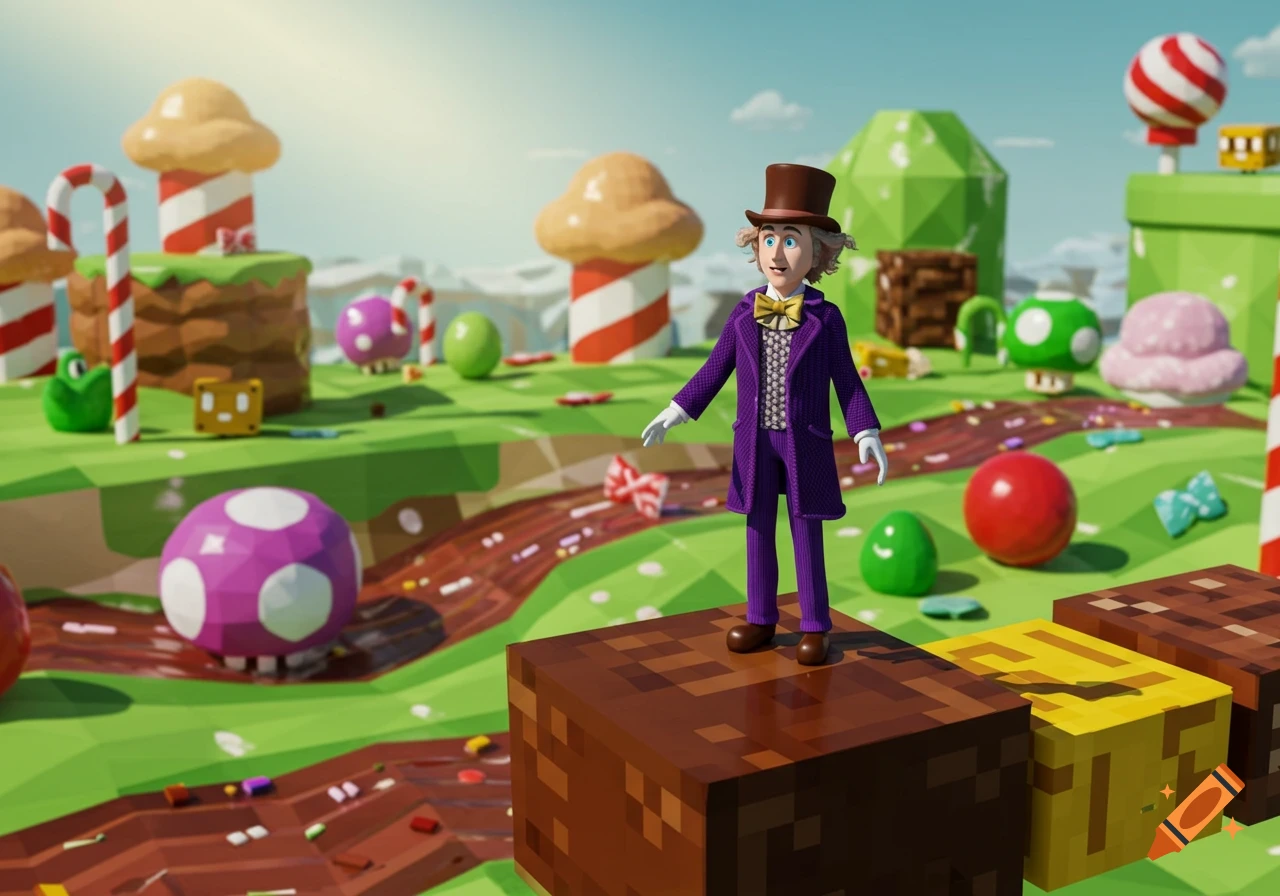 Willy Wonka stands in a vibrant, low-poly candy land featuring Super Mario elements and a chocolate river.