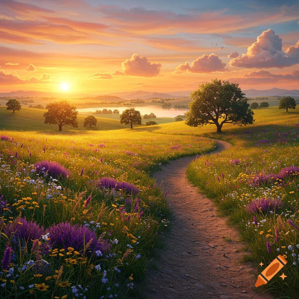 A vibrant landscape with a winding dirt path through a field of purple and yellow wildflowers, leading to a lake under a colorful sunset sky.