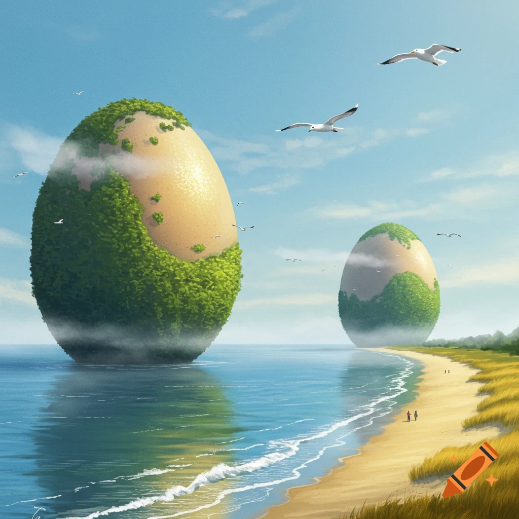 Two large egg-shaped islands covered in green vegetation rise from the ocean next to a sandy beach with seagulls flying in a clear blue sky.
