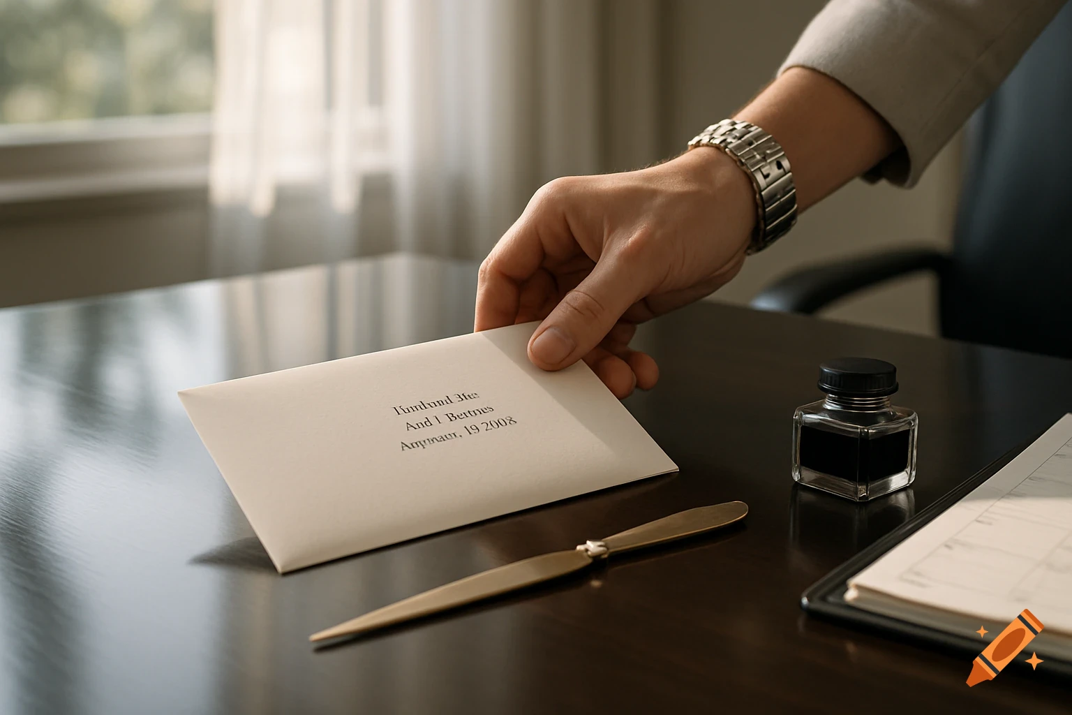 A hand wearing a watch places a white envelope on a dark wooden desk with an ink bottle and letter opener. Photorealistic style.
