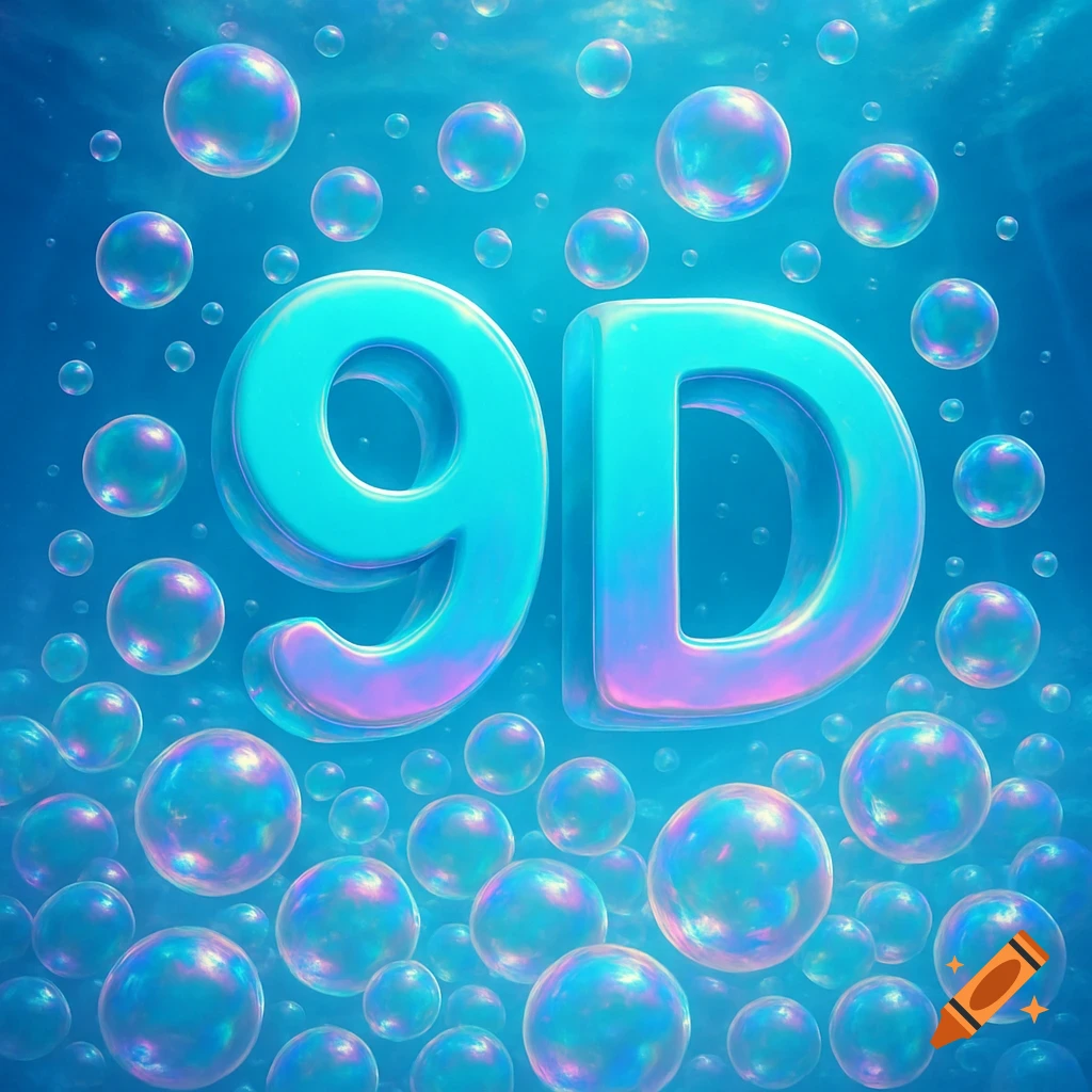Large, shiny, iridescent blue letters '9D' surrounded by numerous glowing bubbles against a light blue background.
