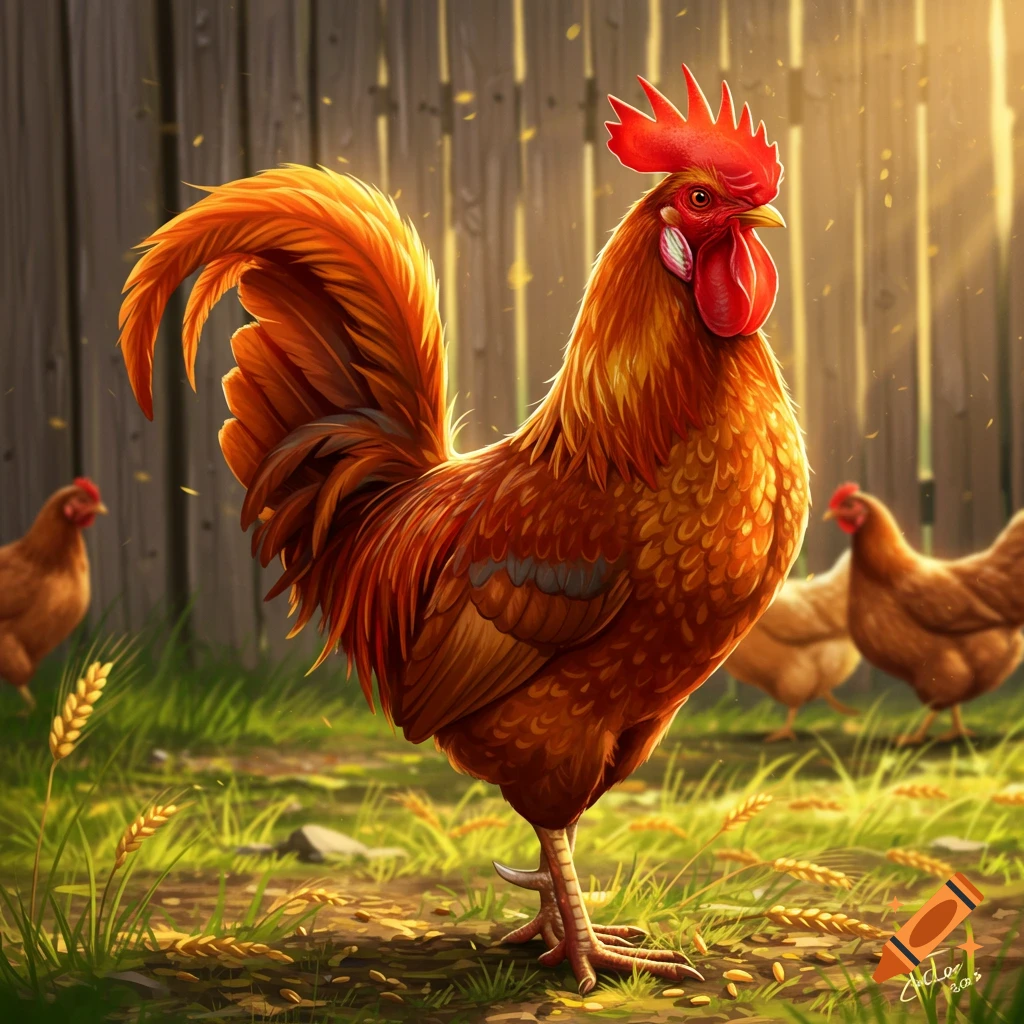 A vibrant, detailed rooster stands in a sunlit grassy yard with a wooden fence and hens in the background.