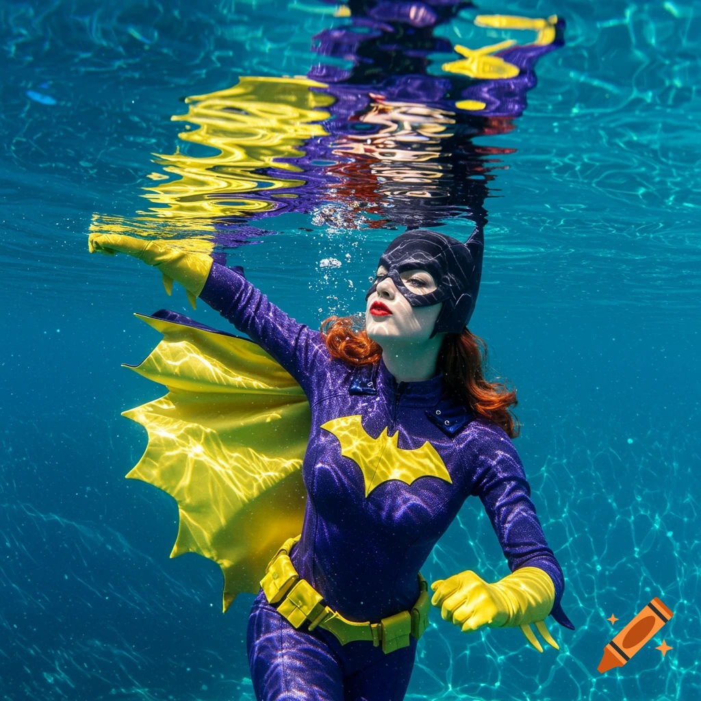 A person in a purple and yellow Batgirl costume floats underwater, looking up towards the surface, with light reflecting on the water.
