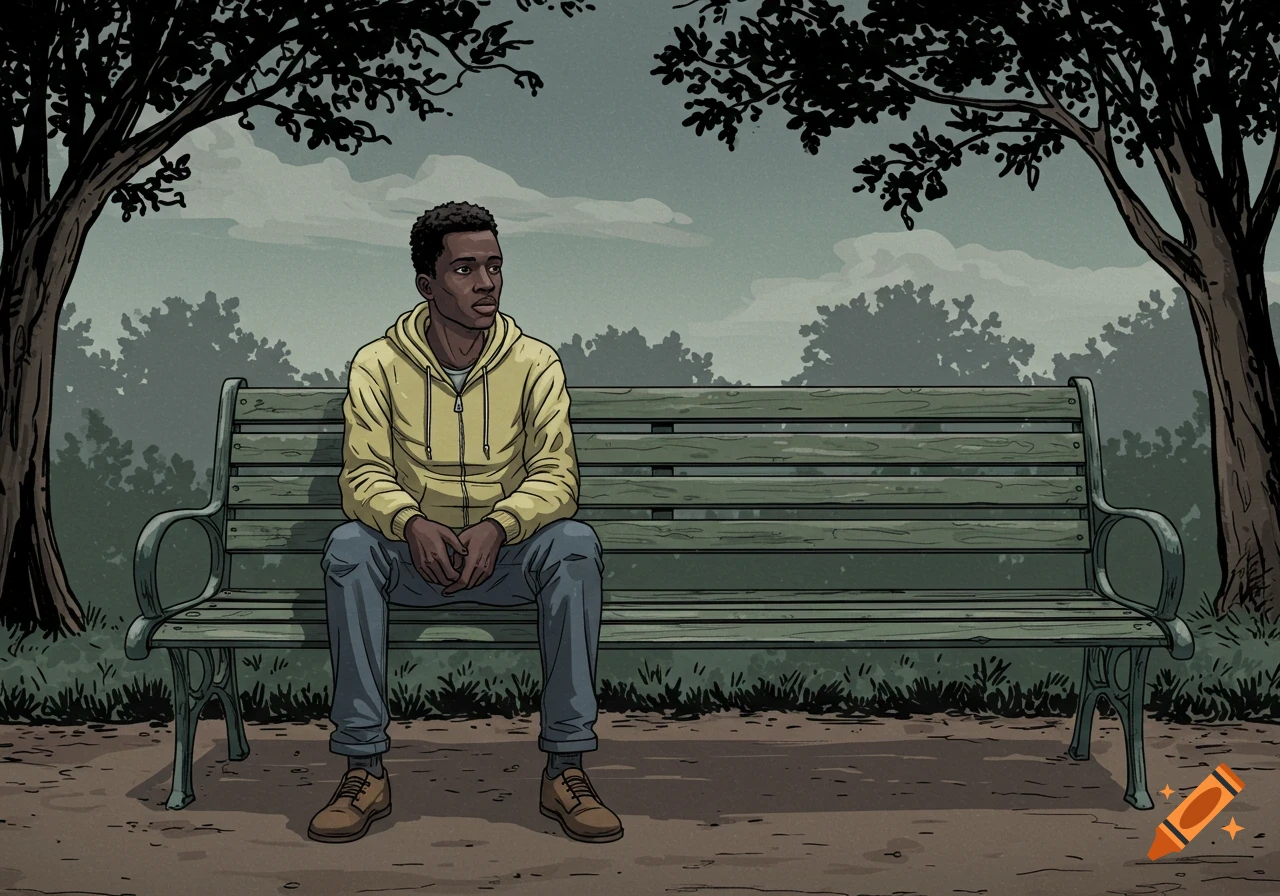 A comic art illustration shows a young Black man with short curly hair, wearing a yellow hoodie and jeans, sitting alone on a green park bench under trees, looking thoughtful.