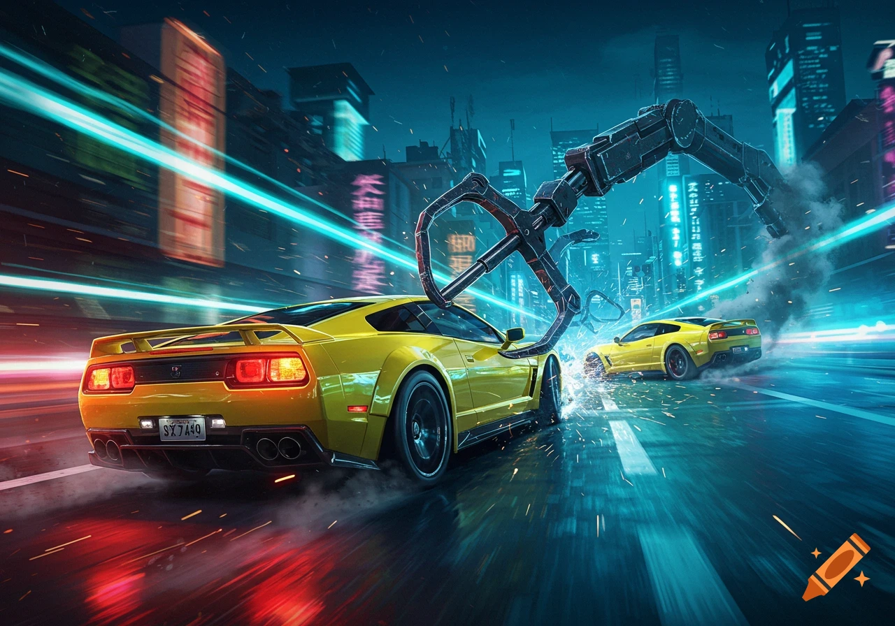 Two yellow cars speed through a neon-lit cyberpunk city, one grappling the other in a dynamic chase scene.