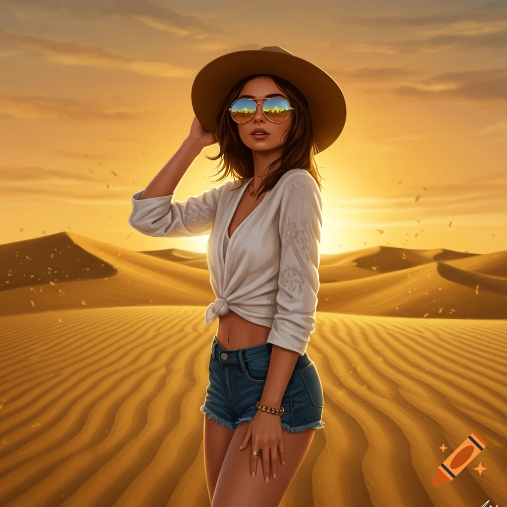 A fashionable woman in a hat and sunglasses stands in a desert at sunset.