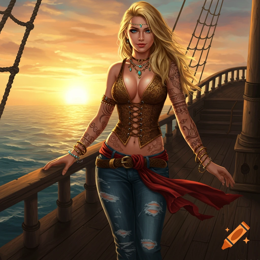 A blonde female pirate with blue eyes, intricate tattoos, and a brown corset stands on a ship deck at sunset, looking at the viewer.