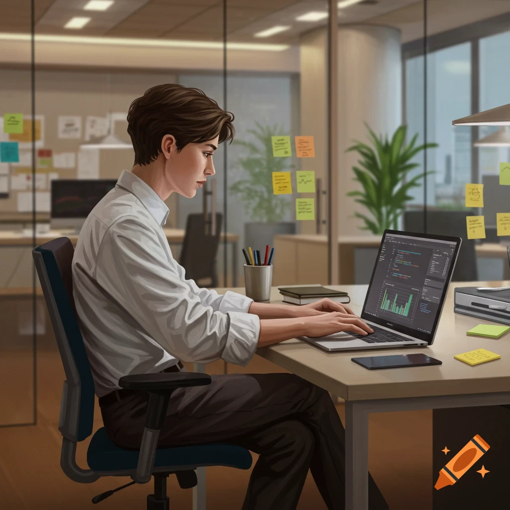 A man in a white shirt types on a laptop showing code and graphs in a modern office, surrounded by sticky notes.