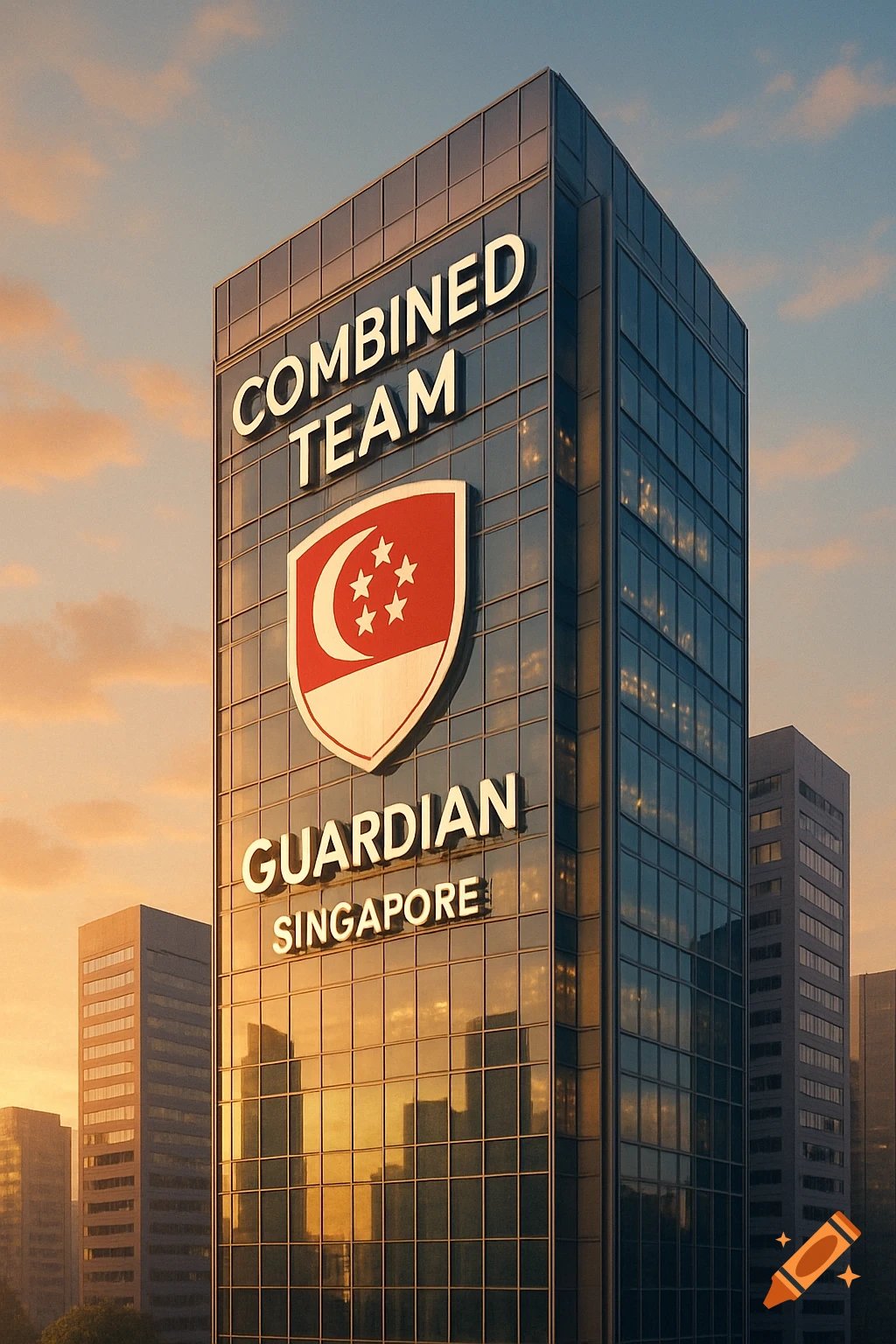 A modern glass skyscraper with "COMBINED TEAM" and "GUARDIAN SINGAPORE" text, and a shield logo, reflecting a sunset sky.