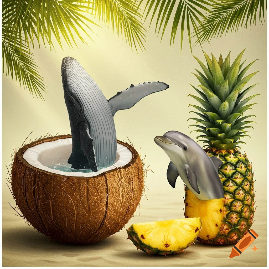 A whale breaches from a coconut next to a dolphin emerging from a pineapple, on a sandy beach with palm leaves.