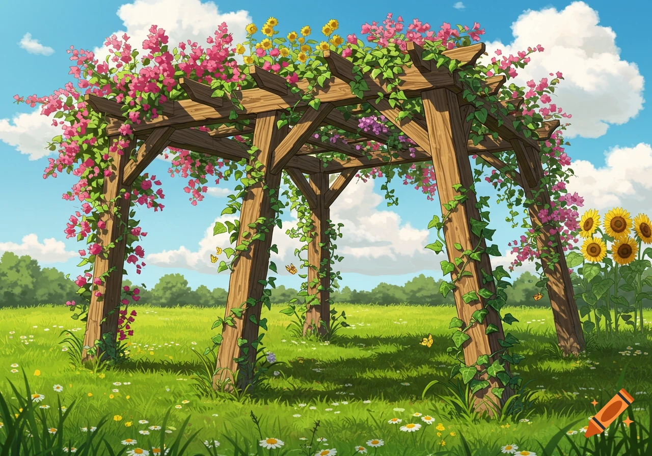 Anime-style garden with a wooden pergola covered in pink bougainvillea and green vines, a field of sunflowers and daisies.