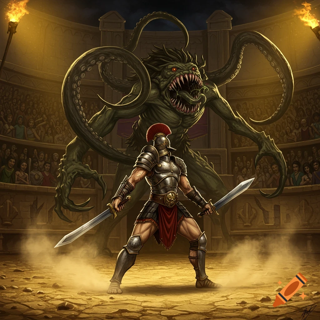 An epic fantasy illustration of a gladiator with two swords facing a giant green tentacled monster in an arena.