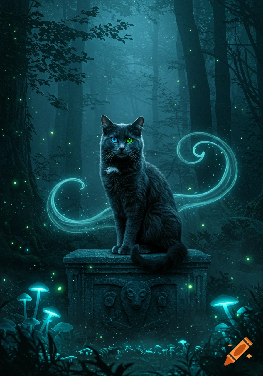 A dark grey cat with heterochromatic eyes sits on a carved stone in a mystical, glowing forest with bioluminescent mushrooms.