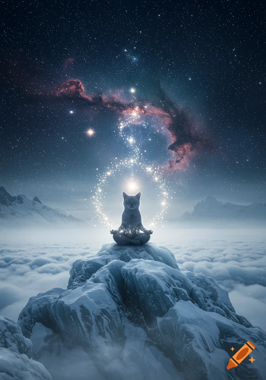 A cat meditates in lotus position on icy cliffs above clouds, surrounded by glowing energy under a starry, cosmic night sky.