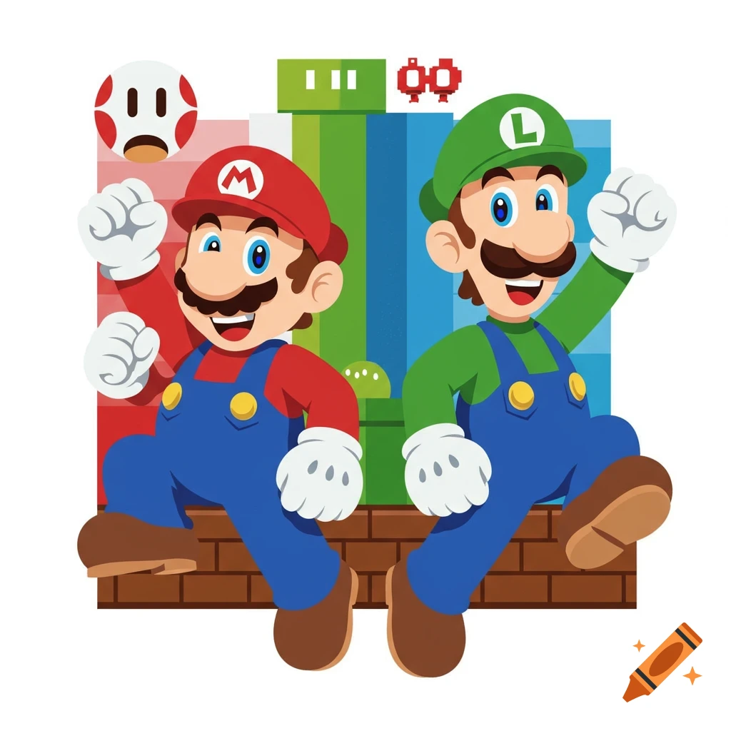 Cartoon illustration of Mario and Luigi jumping with pipes and a brick wall in the background.