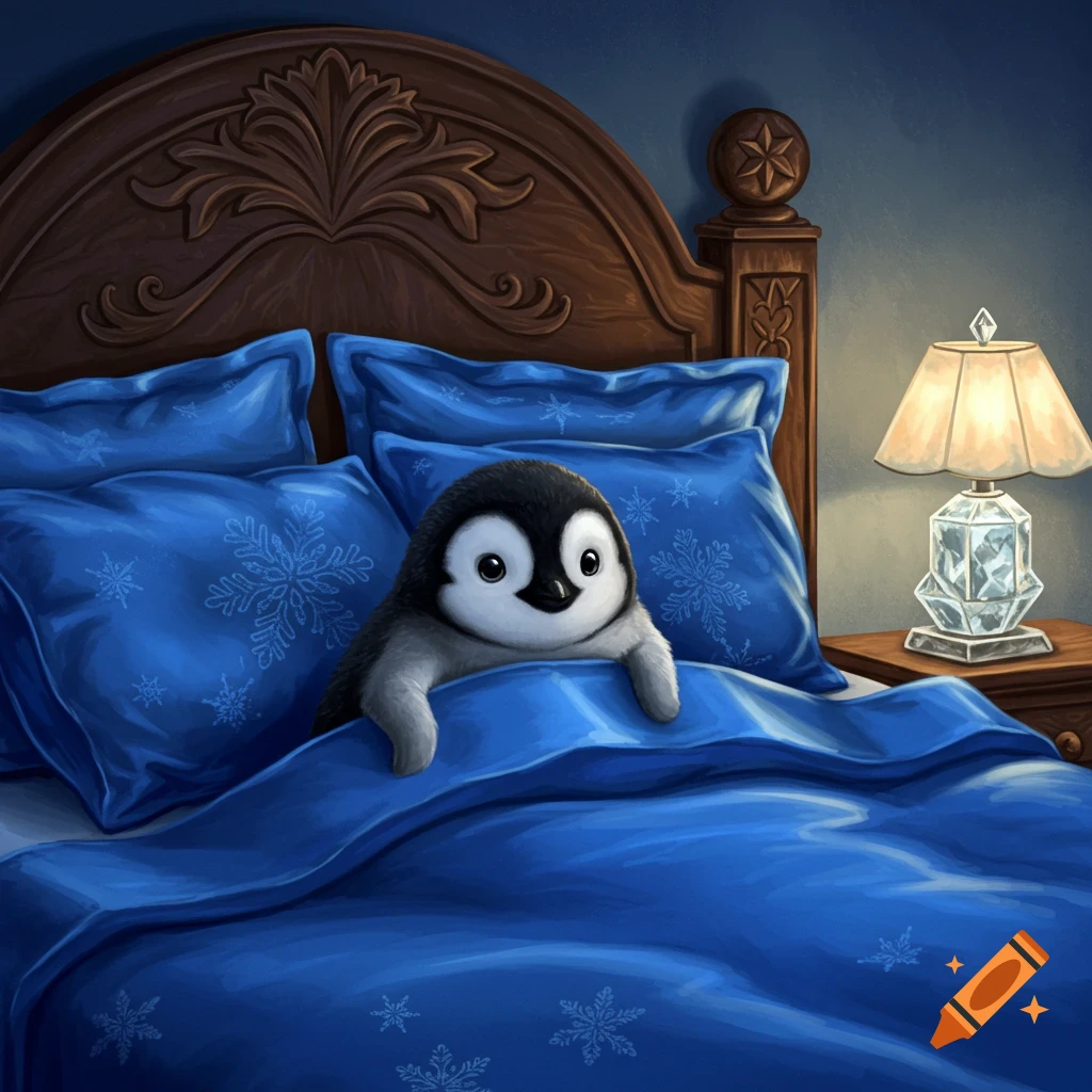 A cute baby penguin snuggled under blue snowflake blankets in a wooden bed next to a lit lamp, in an illustrative style.