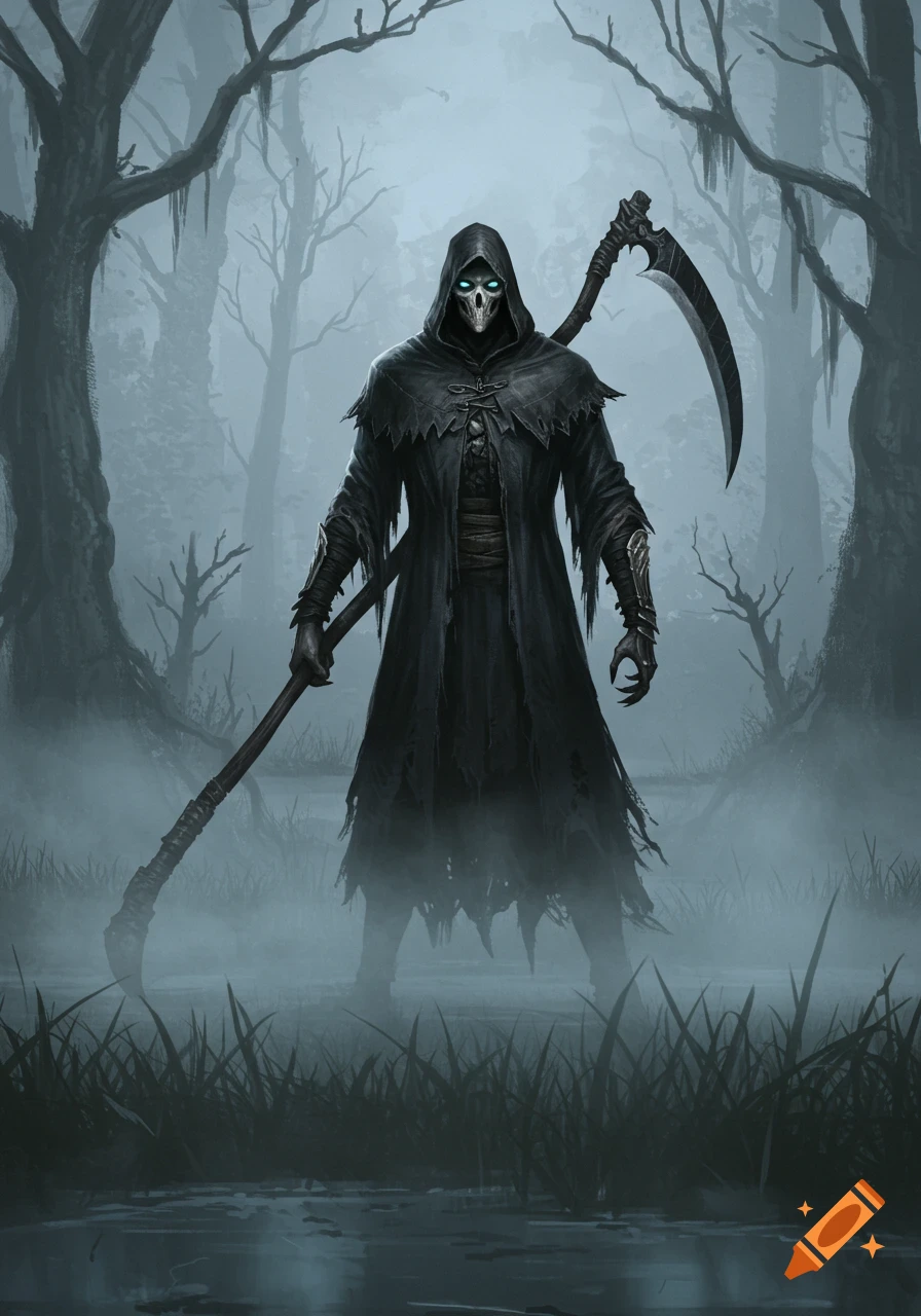 A dark, hooded Grim Reaper with glowing eyes stands in a foggy swamp, holding a large scythe amidst bare trees. Dark fantasy art.