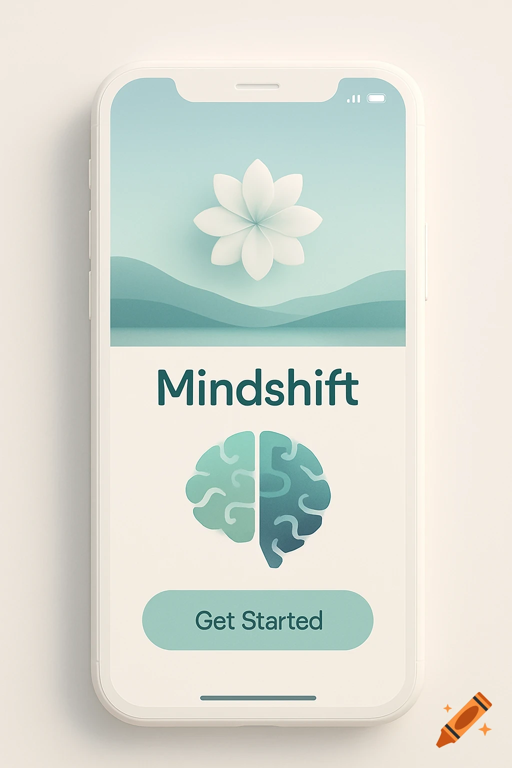 Minimalist 3D render of a smartphone showing the 'Mindshift' mental wellness app with a lotus flower, brain icon, and 'Get Started' button.