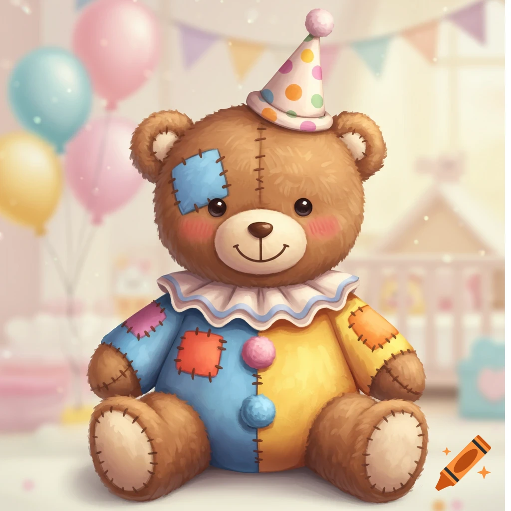 A cute brown teddy bear dressed as a colorful patchwork clown with a party hat, sitting in a soft, pastel-toned party illustration.