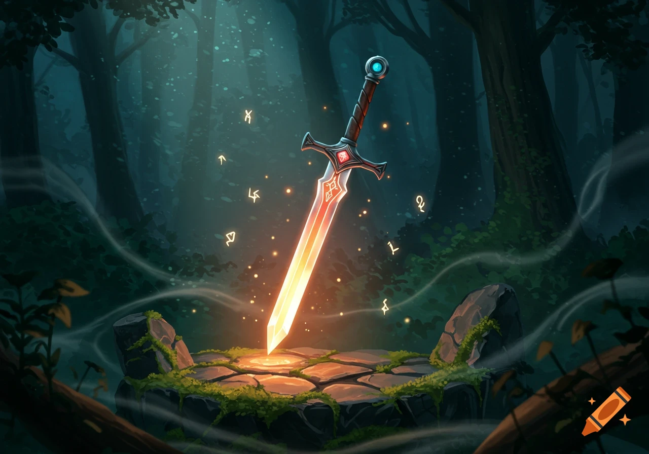 A glowing magic sword plunged into a mossy stone altar in a dark, misty forest, surrounded by floating runes.