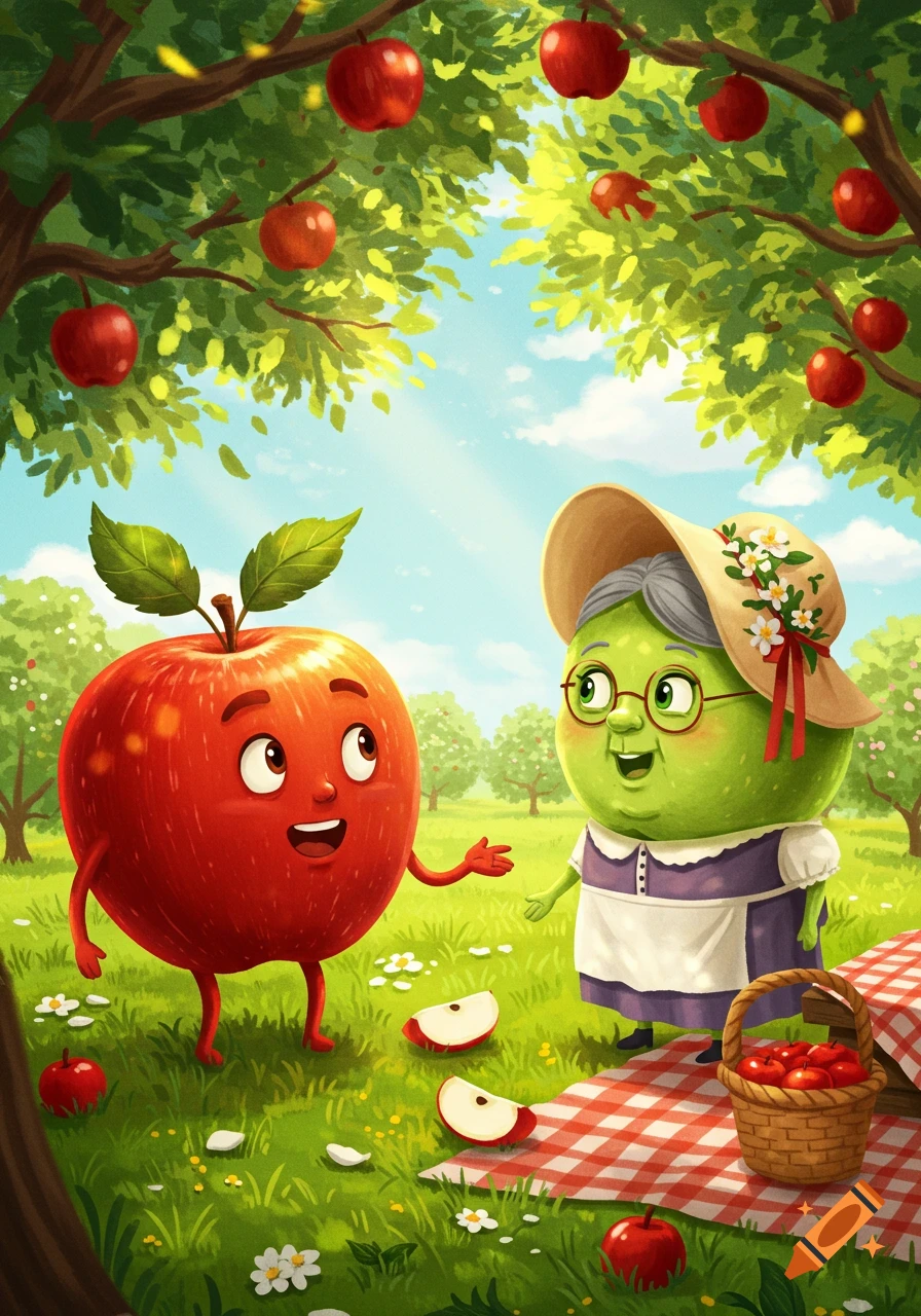 A happy red apple character talks to an elderly green apple character in a straw hat, in a vibrant apple orchard picnic scene.