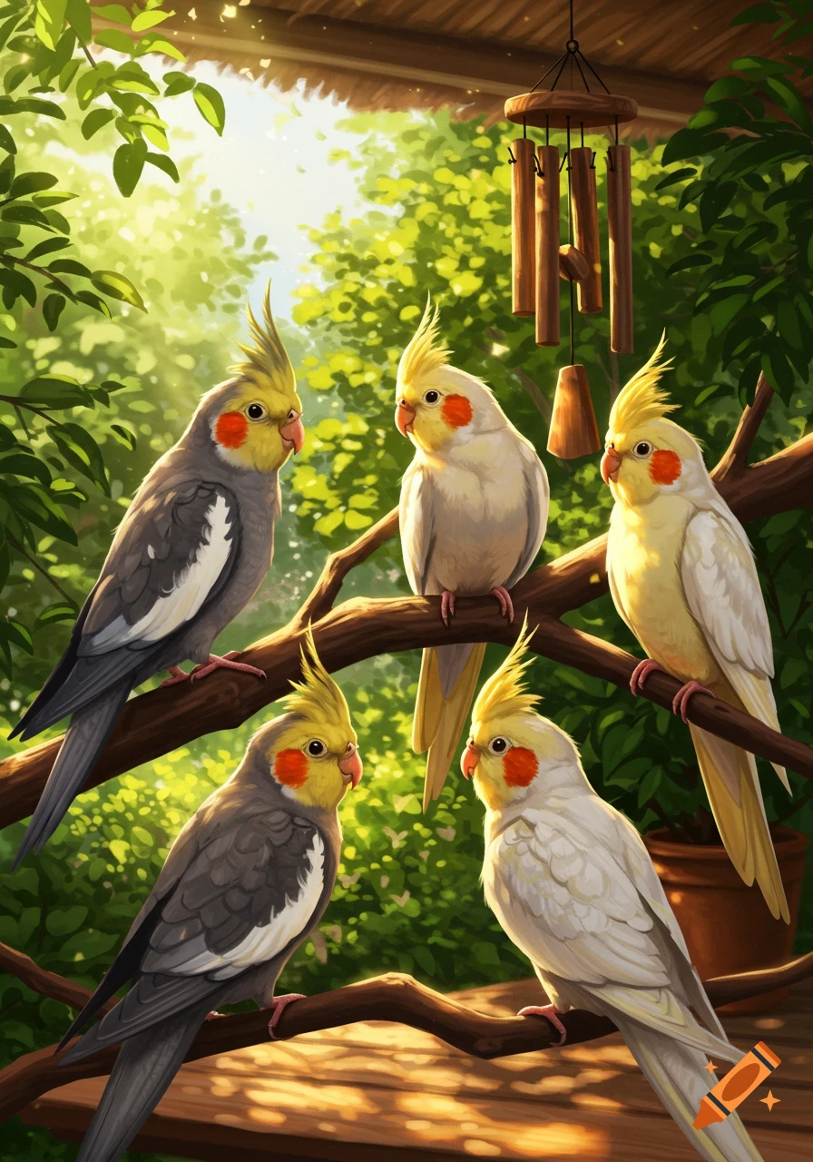 Five colorful cockatiels perch on tree branches in a sunny, lush green environment with a wooden wind chime.