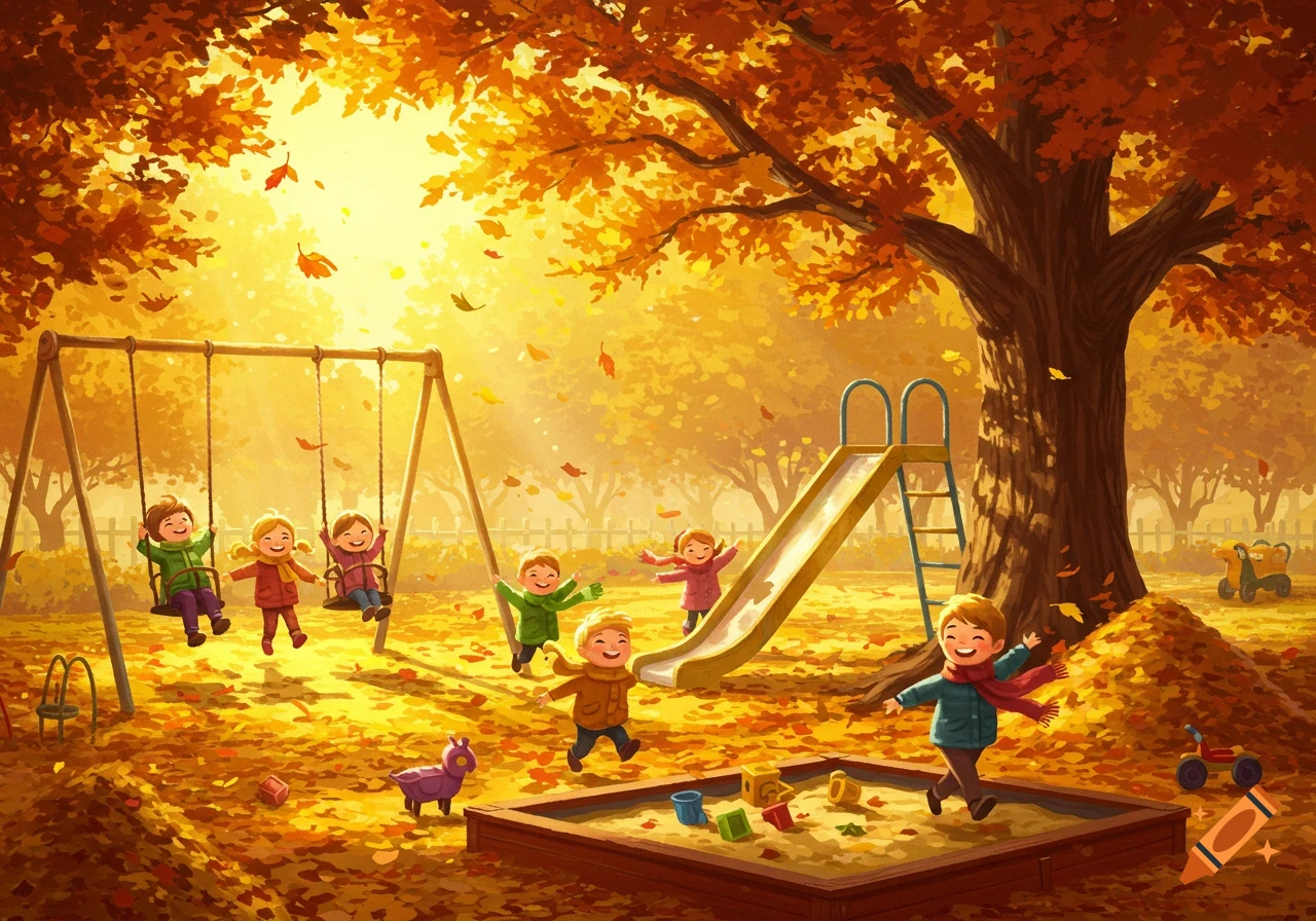 Children play in a vibrant autumn park, with three on swings, one going down a slide, and others playing in a sandbox filled with fallen leaves, in a cheerful illustration style.
