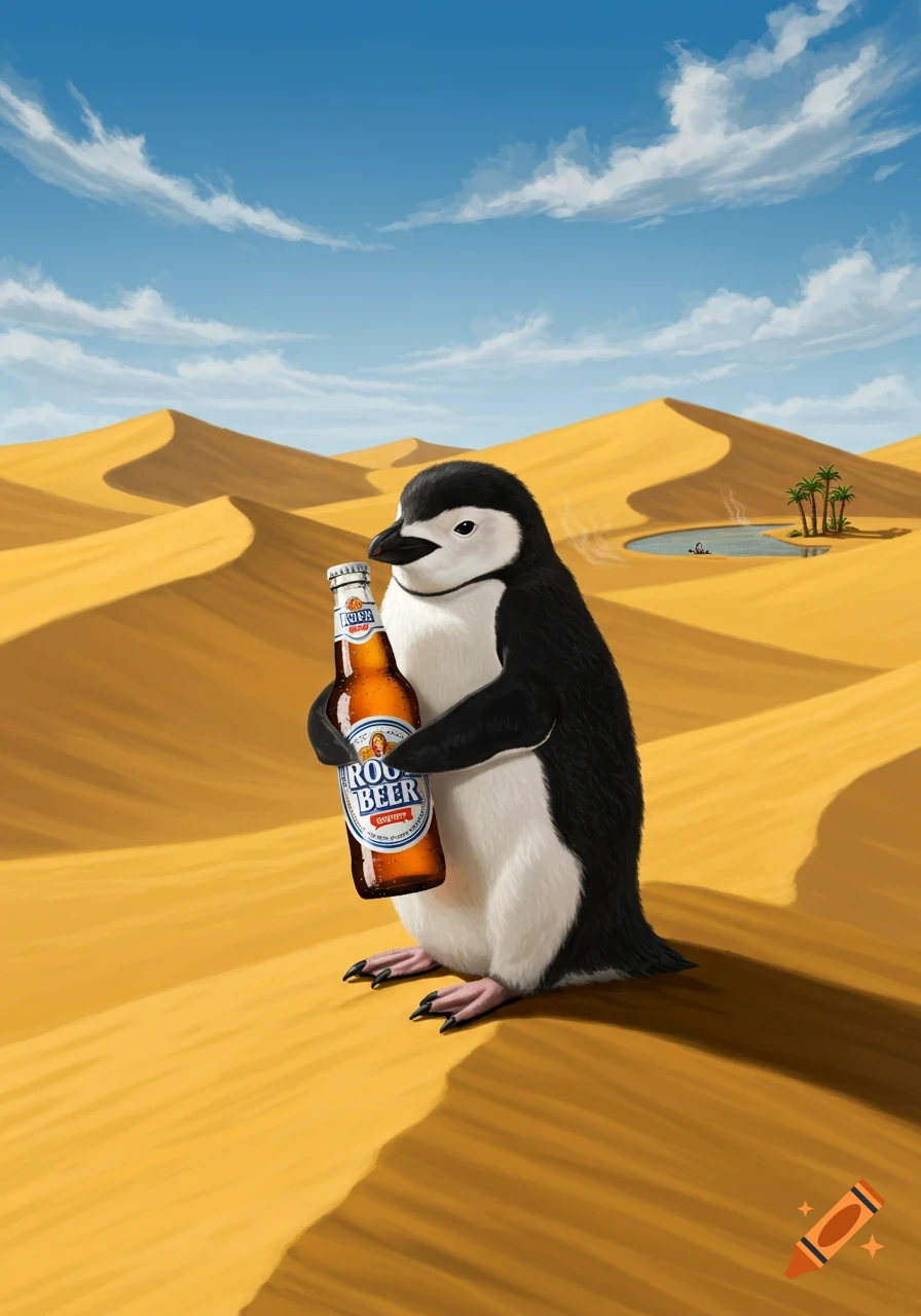 An illustrated penguin holding a root beer bottle in a vast desert landscape with sand dunes and a small oasis.