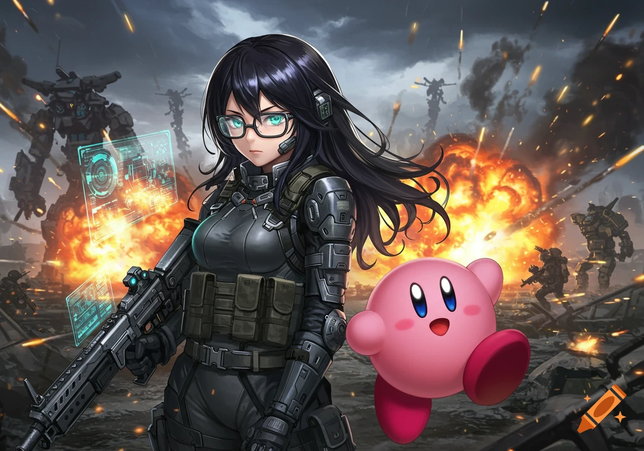 An anime girl with black hair and glasses in military gear, holding a rifle alongside Kirby in a chaotic battlefield with explosions and mechs.
