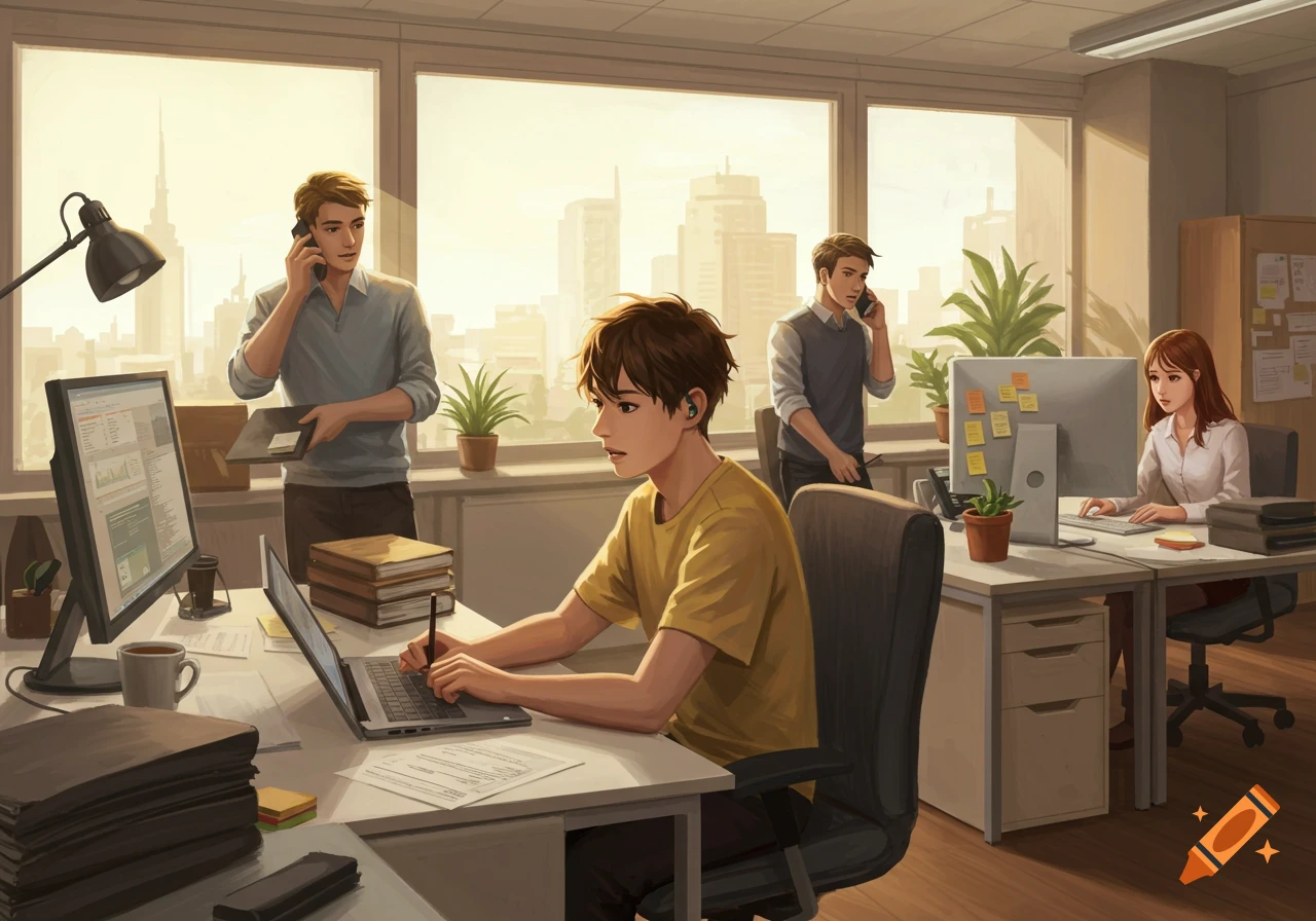 An anime-style illustration of an open-plan office with three male and one female employees working, some on phones, one on a laptop, against a sunlit city background.