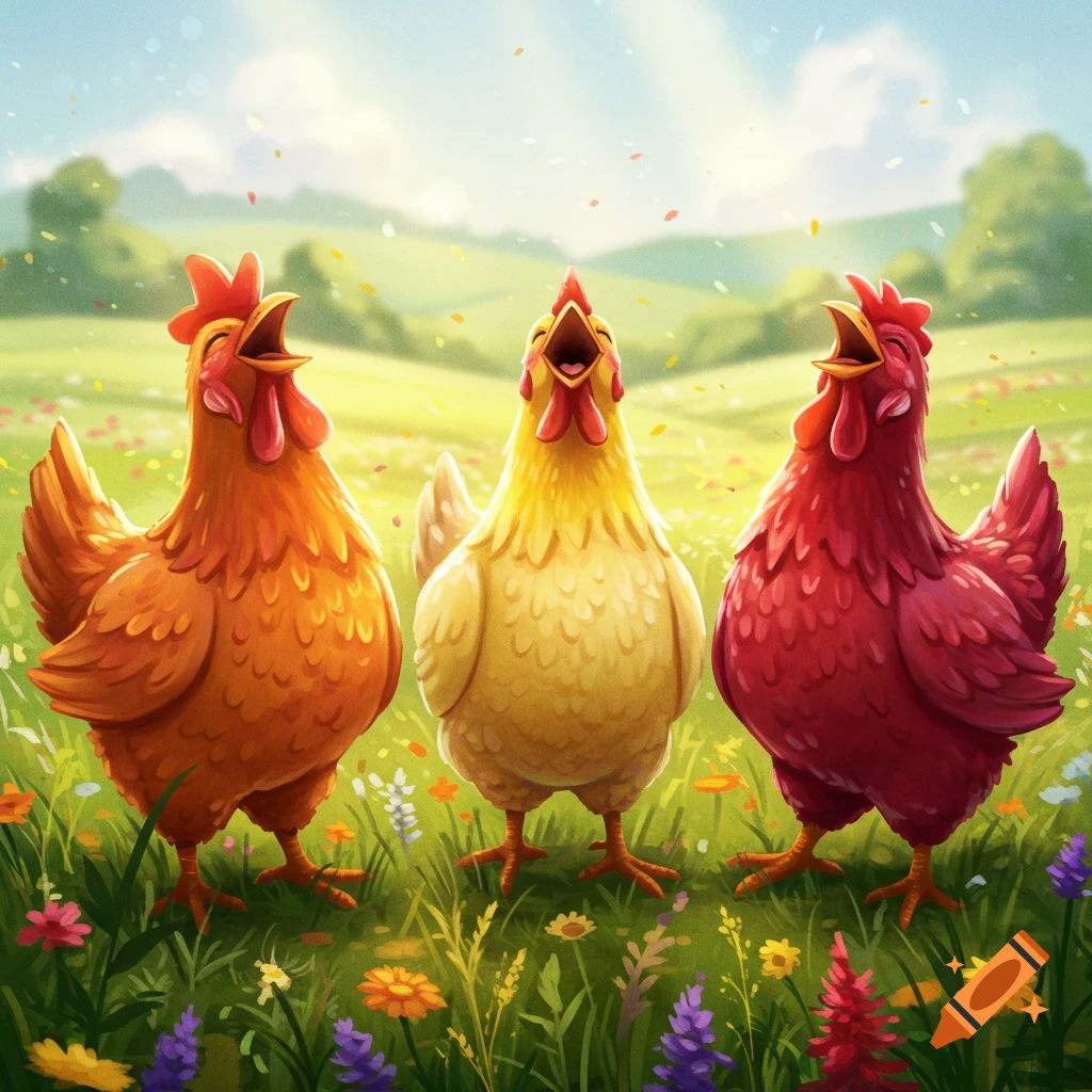 Three colorful, happy cartoon chickens with open beaks sing in a bright, flower-filled meadow under a sunny sky.