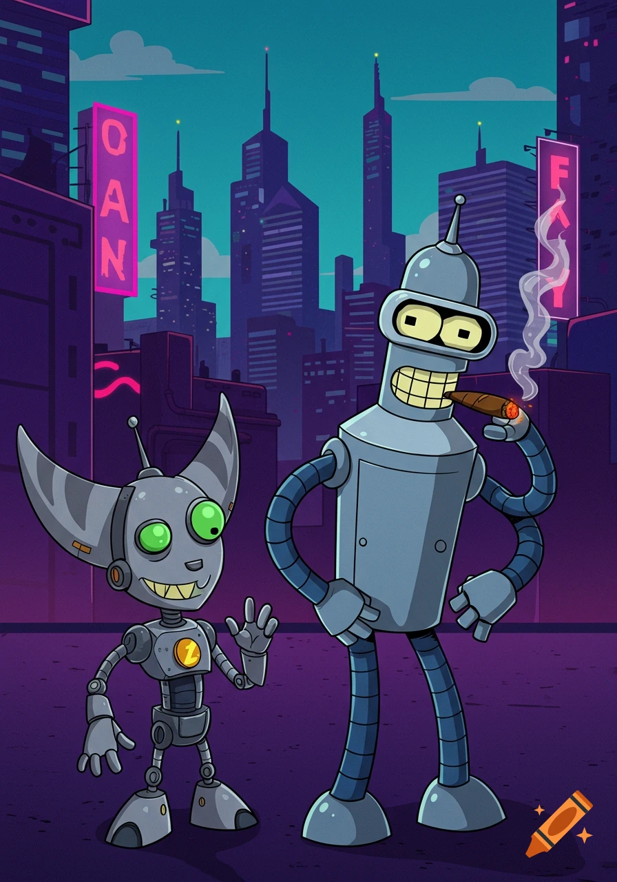 Cartoon illustration of a small gray robot waving and Bender from Futurama smoking a cigar in a futuristic city at night.