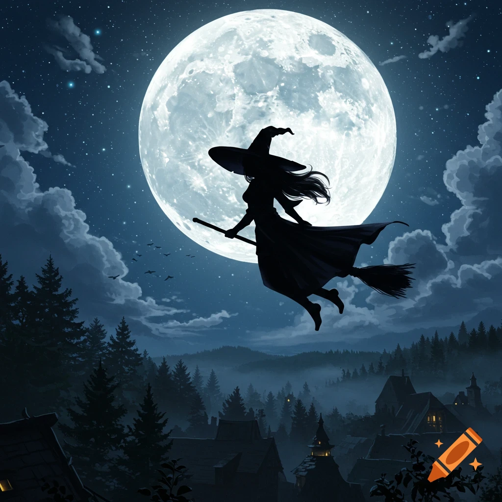 A silhouetted witch flies on a broomstick across a large full moon over a dark, misty forest and village at night.