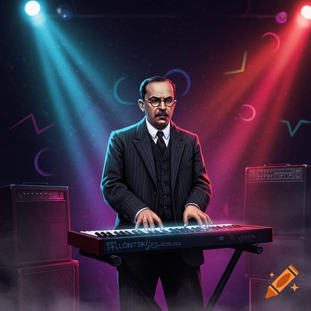 A stylized illustration of a man resembling Trotsky, dressed in 1920s attire, playing a synthesizer on a spotlit stage.