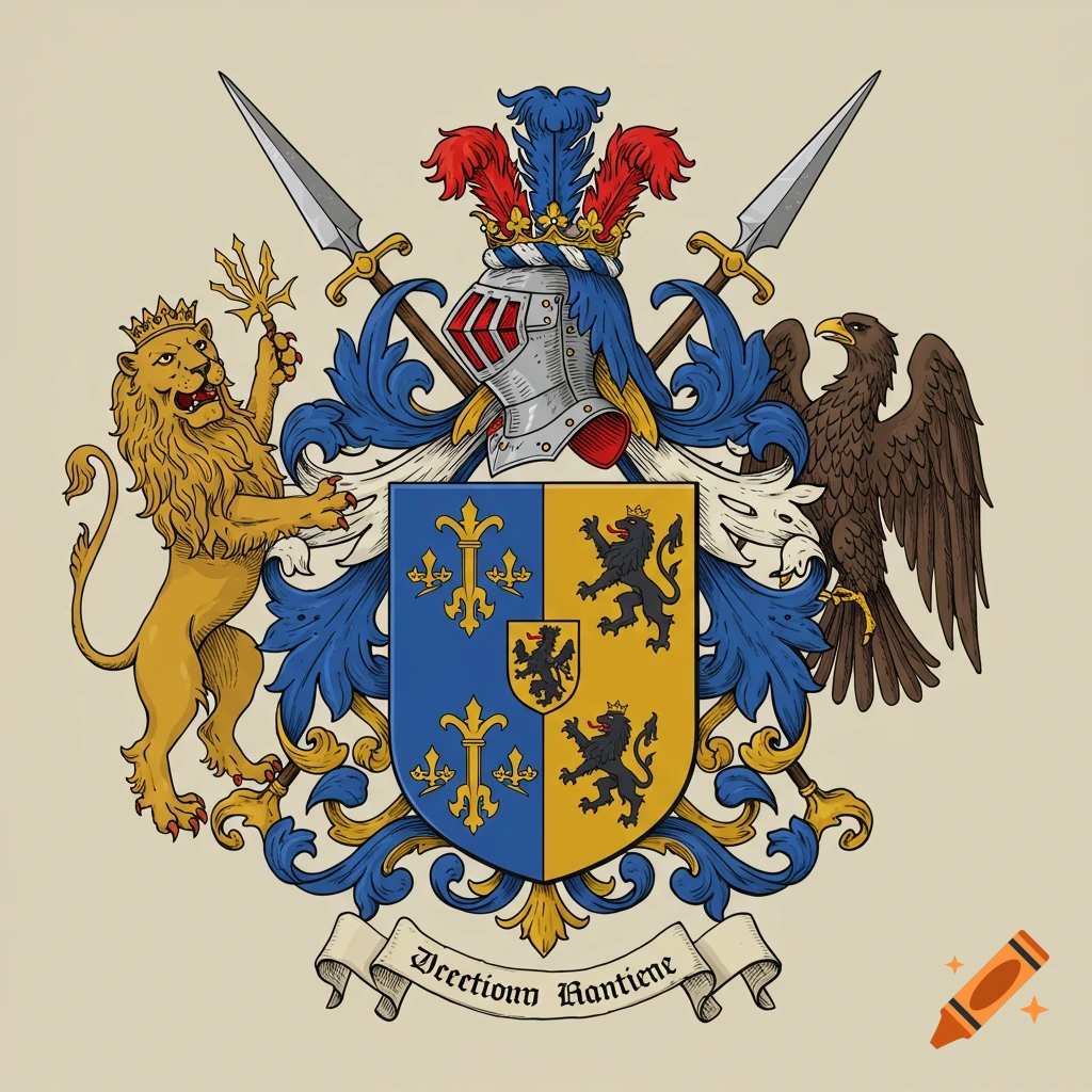 A colorful, hand-drawn coat of arms featuring a crowned golden lion, a brown eagle, a knight's helmet, a blue and yellow shield, and a banner.