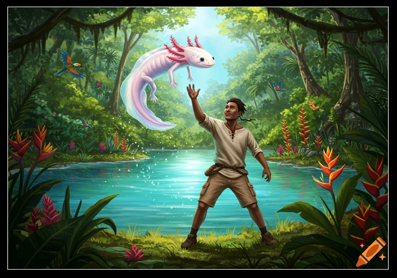 A man in a jungle reaching up to a floating pink axolotl above a clear blue pond, with colorful birds and flowers around.