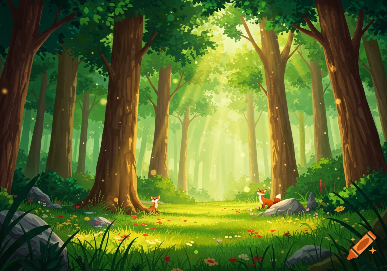 Vibrant cartoon forest with sun rays beaming through tall trees, colorful flowers on green grass, and two small foxes.