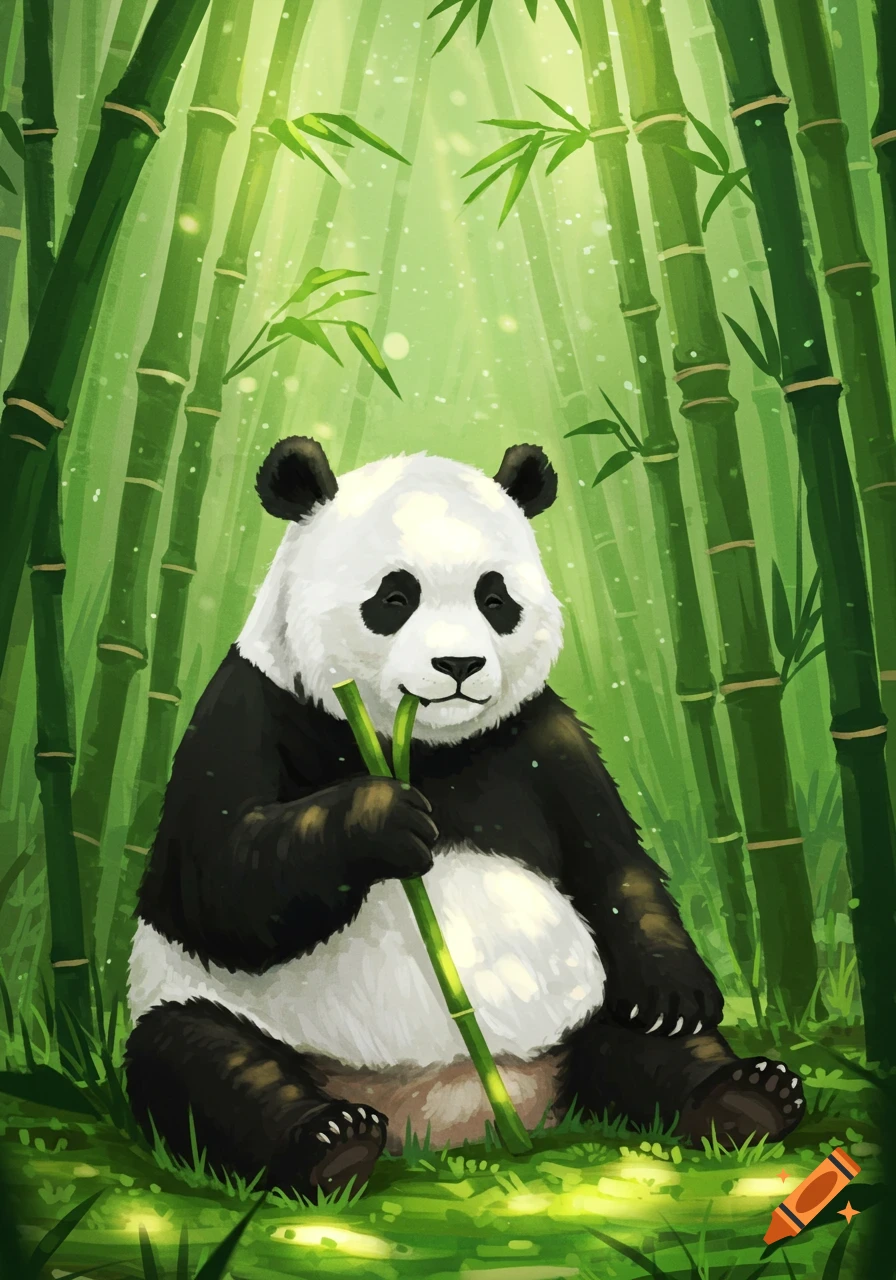 A cute panda sits and eats a bamboo stalk in a lush green bamboo forest, depicted in a vibrant digital painting style.