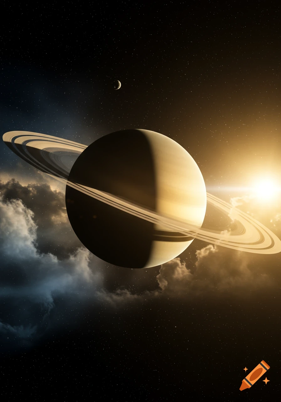 A detailed view of Saturn with its prominent rings, illuminated by a bright sun, featuring a crescent moon and cosmic clouds in space.