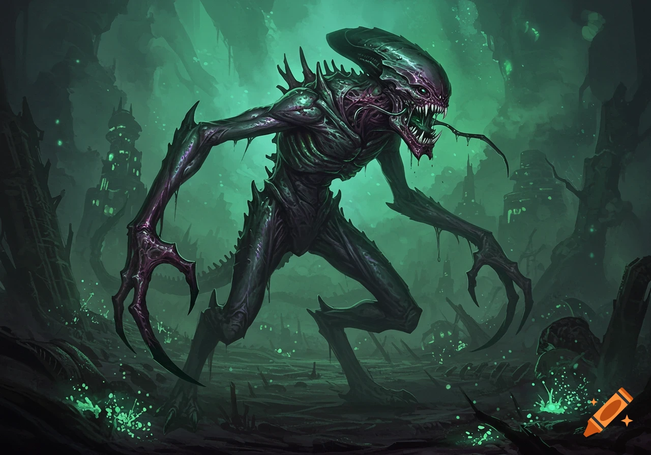 A menacing, spiky dark alien creature with sharp teeth and claws stands on a glowing green alien landscape with strange structures.