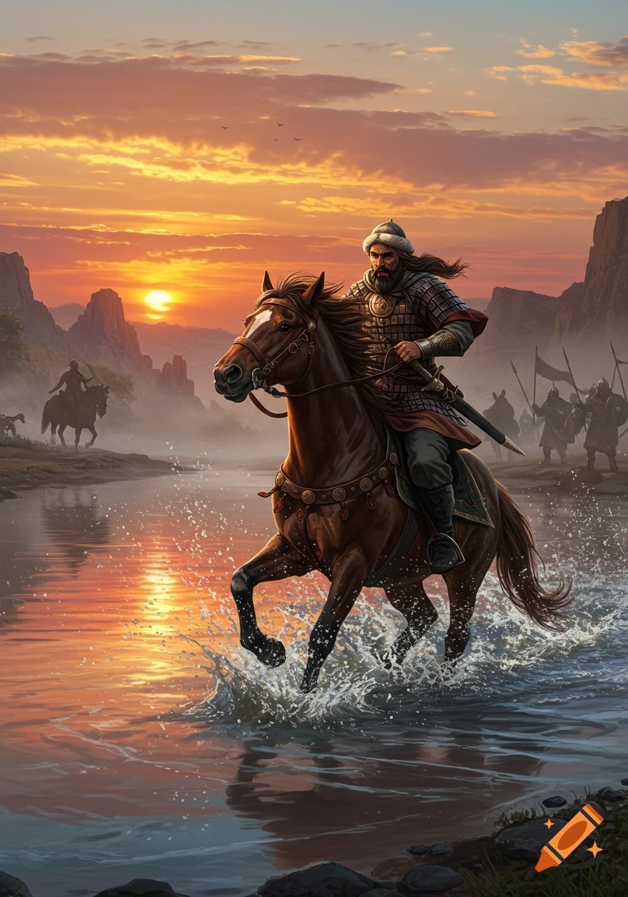 A nomadic warrior in armor rides a horse through a river at sunset, with mountains and other warriors in the distance.