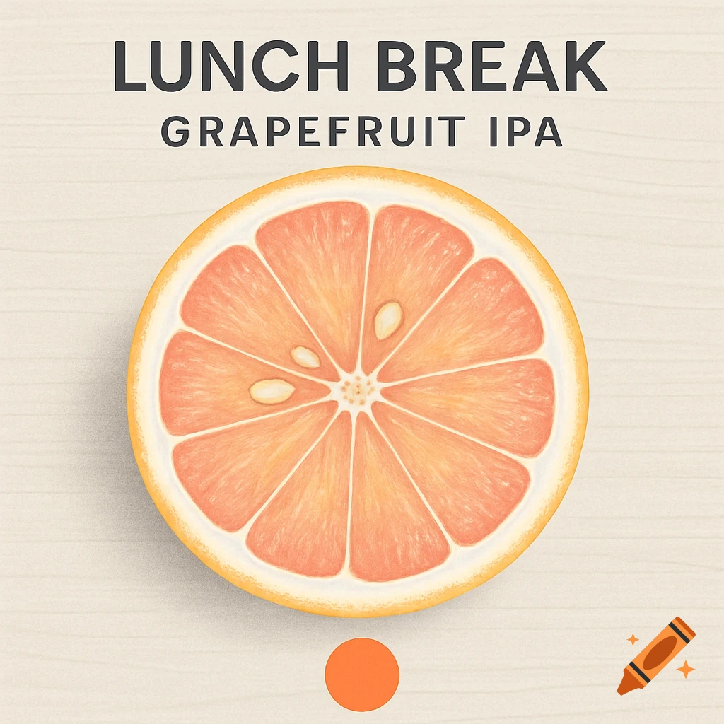 A stylized illustration of a grapefruit slice and "LUNCH BREAK GRAPEFRUIT IPA" text on a wood grain background, with an orange circle for a logo.