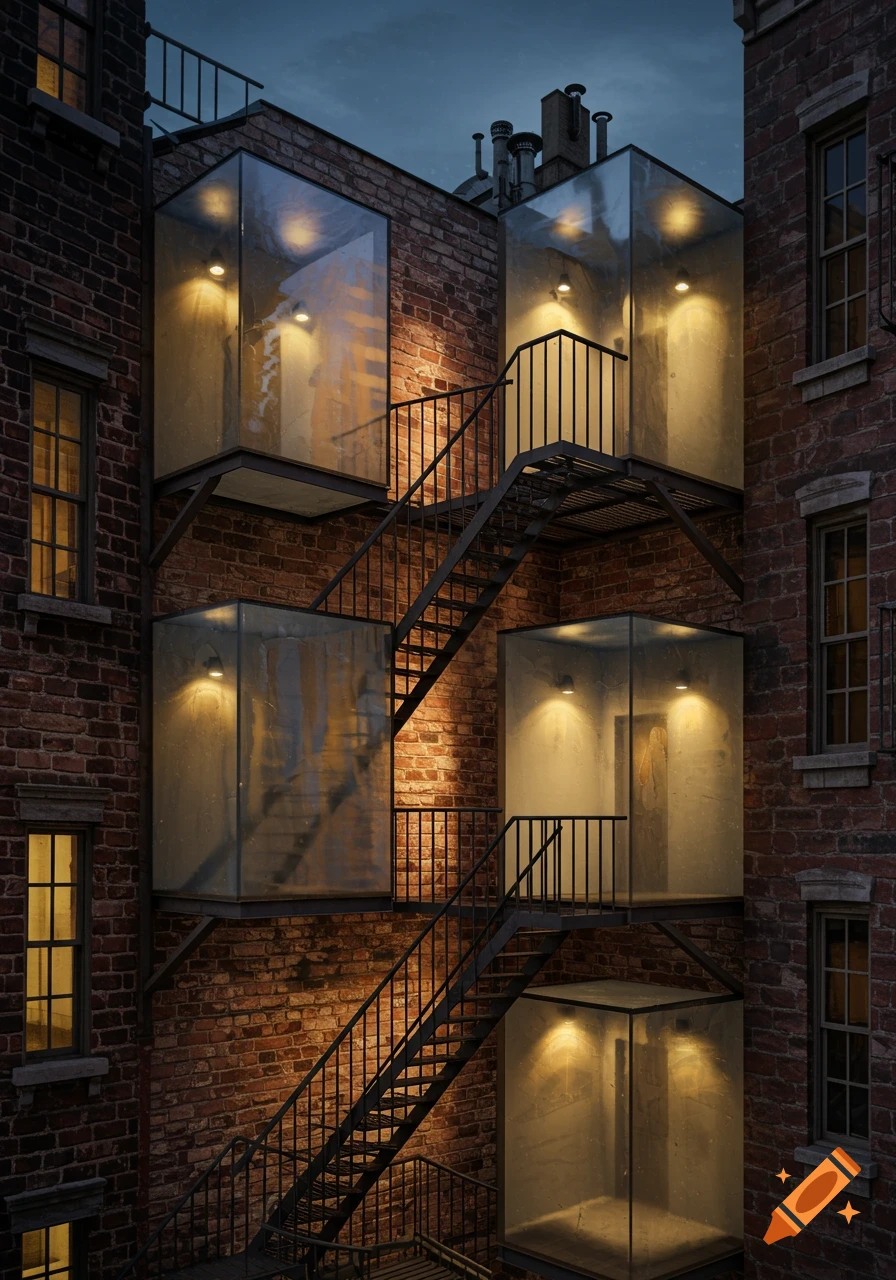 A close-up shot of an old brick building facade at dusk, featuring a network of dark metal fire escape stairs connecting several illuminated glass cube rooms attached to the wall.