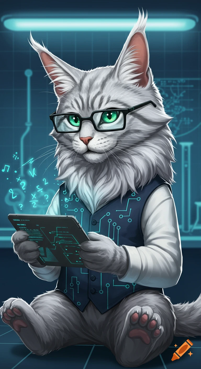 A stylized silver-gray Maine Coon cat wearing glasses and a circuit-patterned vest, holding a tablet with glowing math symbols in a futuristic lab.
