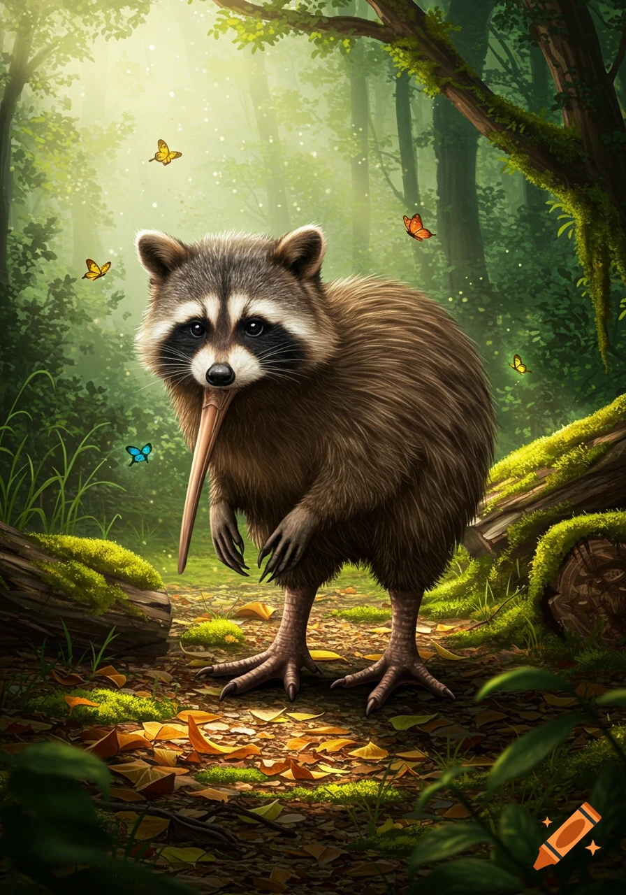 A raccoon-headed kiwi creature with a long snout and big feet stands in a sunlit, mossy forest with butterflies.