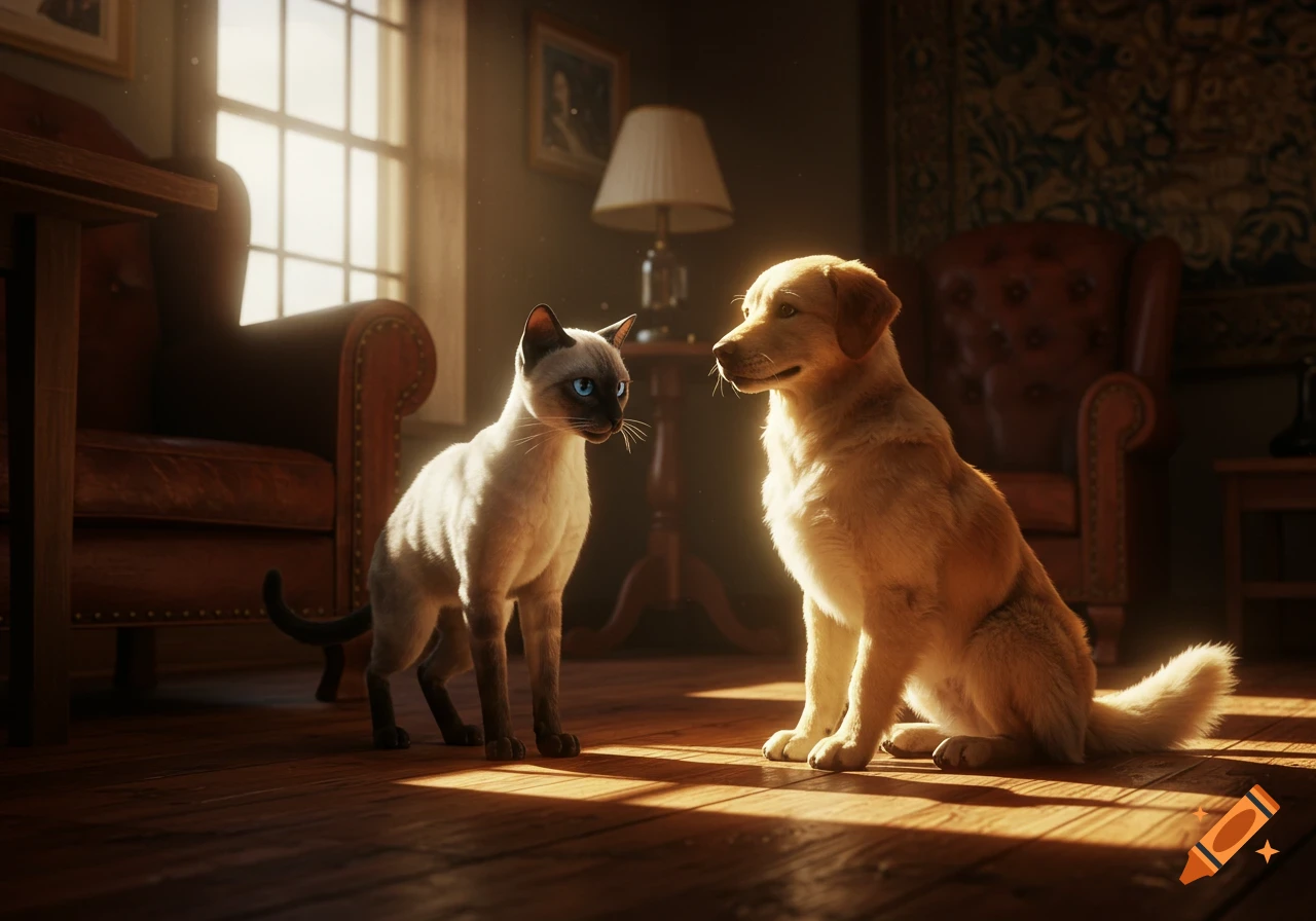 A photorealistic Siamese cat and a golden retriever dog sit facing each other on a wooden floor in a sunlit room.