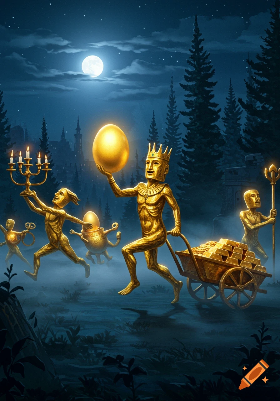 Golden statues carry a glowing egg, candelabra, scepter, and gold bars in a cart under a full moon at night, in an artistic painting.