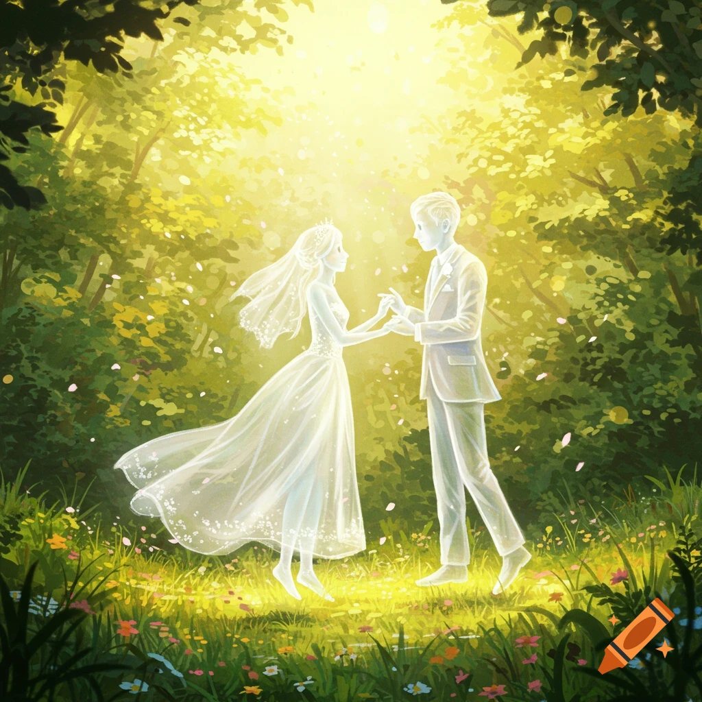 A ghostly bride and groom, translucent and glowing, stand in a sunlit, vibrant green forest with colorful wildflowers.